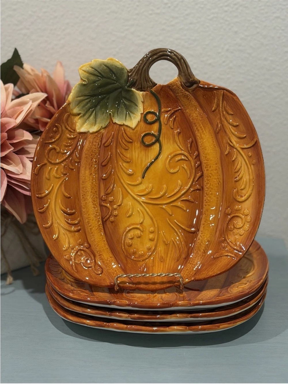 Heritage Harvest 10" Embossed Fall Pumpkin Dinner/Decorative Plates Set
Of 4